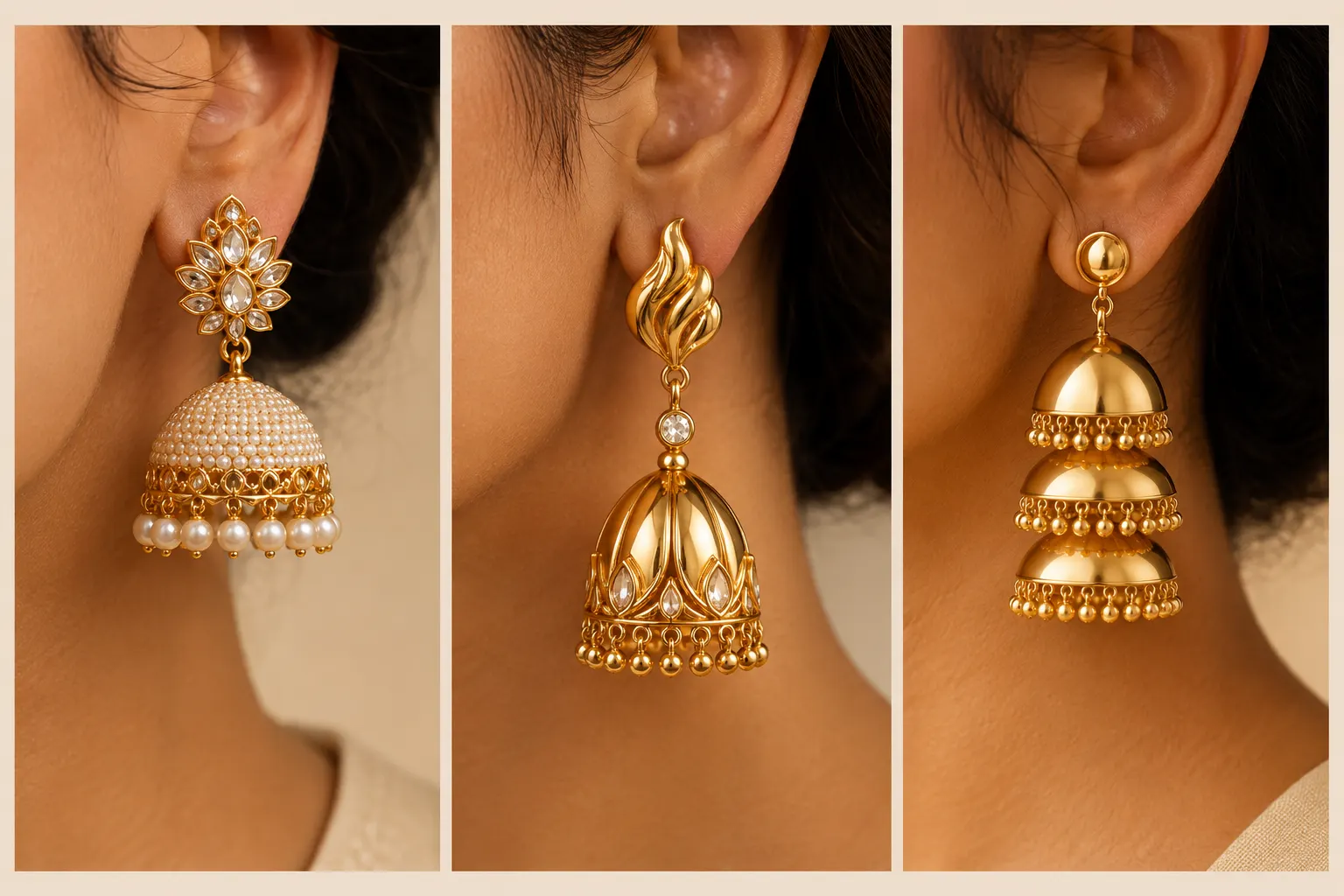 Luxury modern gold jhumka ideas earrings collage featuring pearl dome jhumkas, sculpted designer gold jhumkas, and layered glossy gold jhumka earrings in close-up editorial fashion styling with warm beige aesthetic and elegant ethnic jewelry inspiration