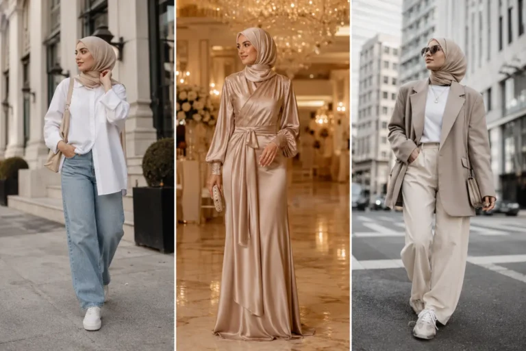 Luxury modest fashion collage featuring three stylish hijabi women wearing modern neutral-toned outfits including casual denim streetwear, elegant satin evening fashion, and oversized blazer street style looks. The featured image showcases trendy hijab outfit ideas with beige hijabs, wide-leg trousers, satin maxi dresses, sneakers, and minimalist modest fashion aesthetics in luxury city and indoor settings.