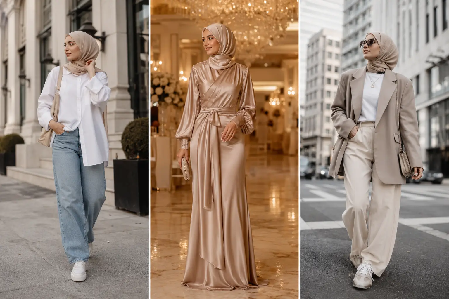 Luxury modest fashion collage featuring three stylish hijabi women wearing modern neutral-toned outfits including casual denim streetwear, elegant satin evening fashion, and oversized blazer street style looks. The featured image showcases trendy hijab outfit ideas with beige hijabs, wide-leg trousers, satin maxi dresses, sneakers, and minimalist modest fashion aesthetics in luxury city and indoor settings.