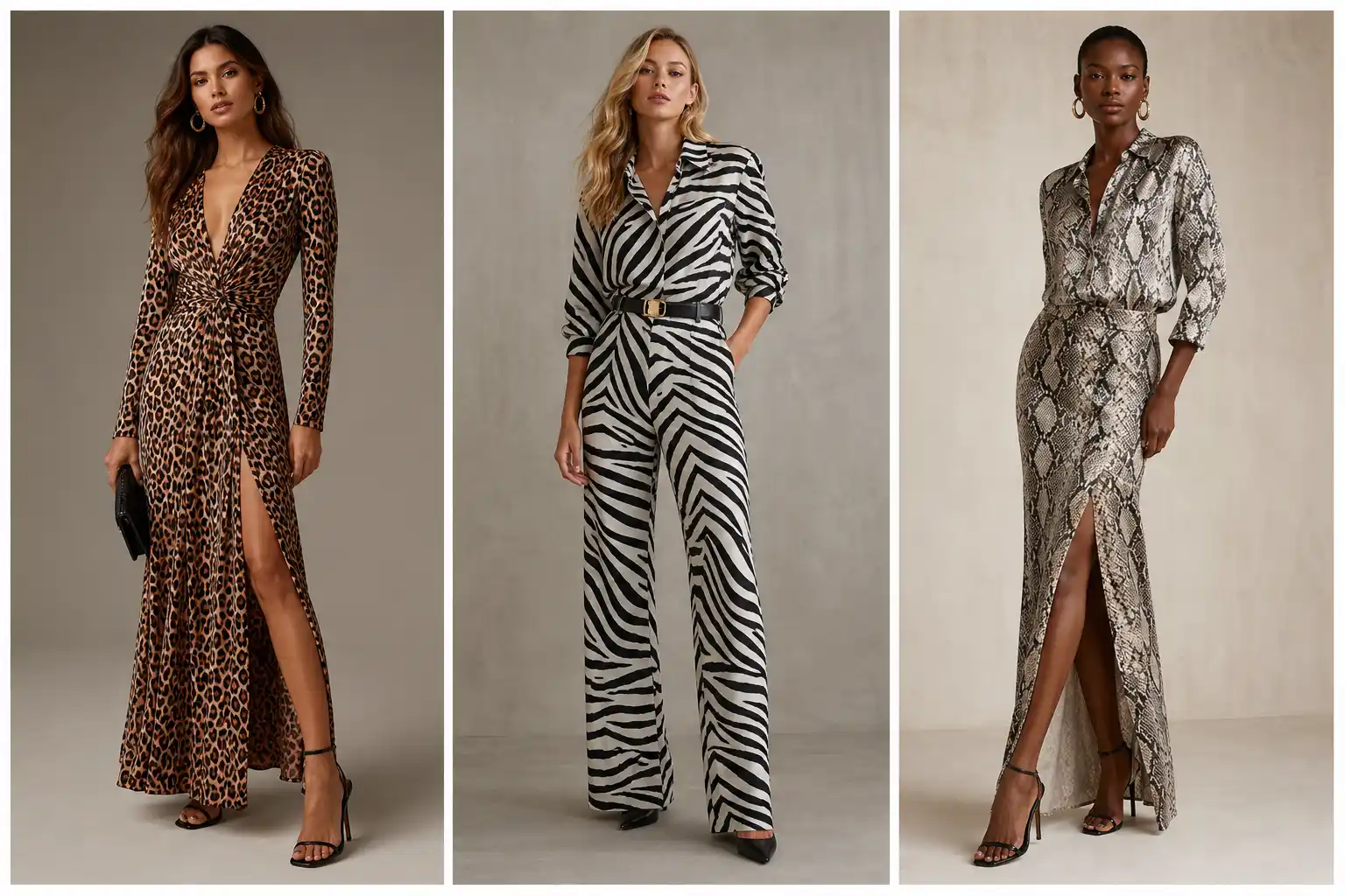 animal print outfit ideas collage with leopard dress zebra jumpsuit and snake print dress, three panel fashion grid full body models editorial style 2026 trend