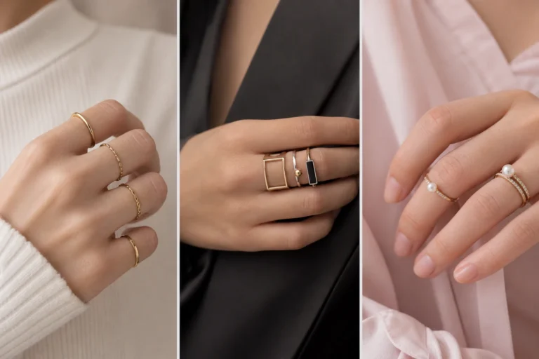 horizontal featured image showing three panel grid of female hands wearing knuckle rings, minimal gold midi rings on left, geometric modern rings in center, pearl and crystal rings on right, soft neutral tones, luxury jewelry aesthetic, clean manicure, high-end fashion composition