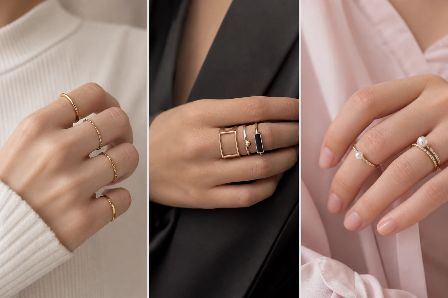 horizontal featured image showing three panel grid of female hands wearing knuckle rings, minimal gold midi rings on left, geometric modern rings in center, pearl and crystal rings on right, soft neutral tones, luxury jewelry aesthetic, clean manicure, high-end fashion composition