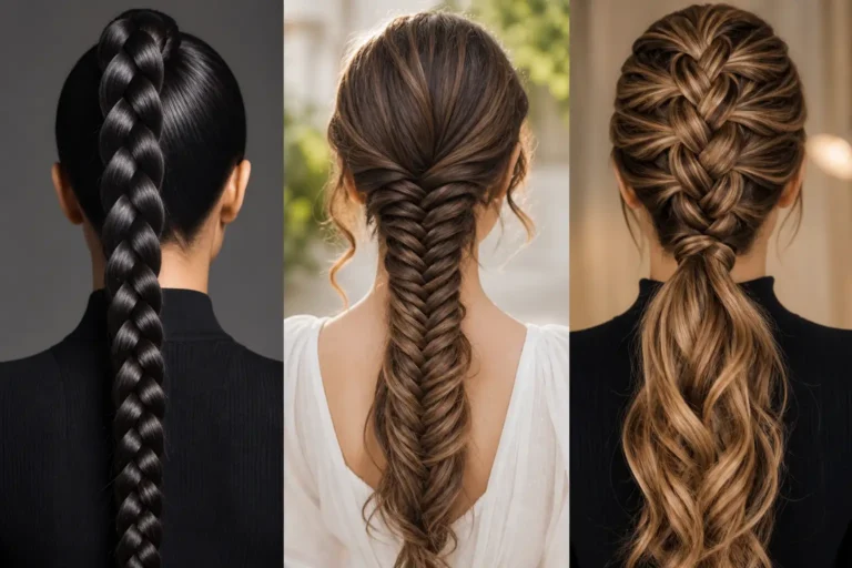braided ponytail hairstyles collage three styles sleek classic braid fishtail braid and voluminous ponytail glossy hair modern elegant hairstyle ideas