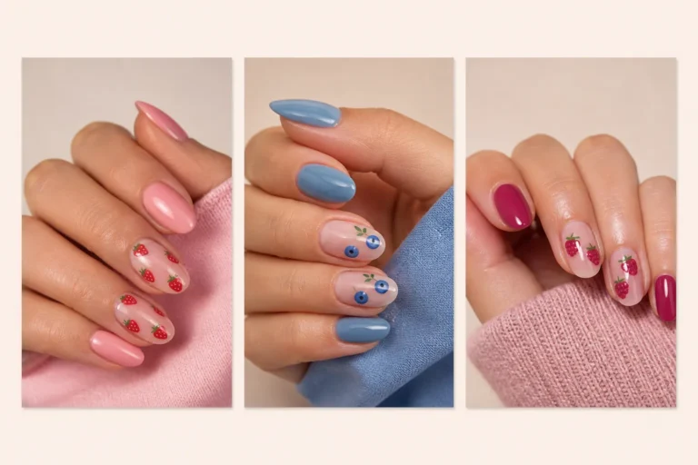 mixed berry nail ideas designs collage strawberry blueberry raspberry nail art glossy aesthetic spring manicure almond shape nails close up grid