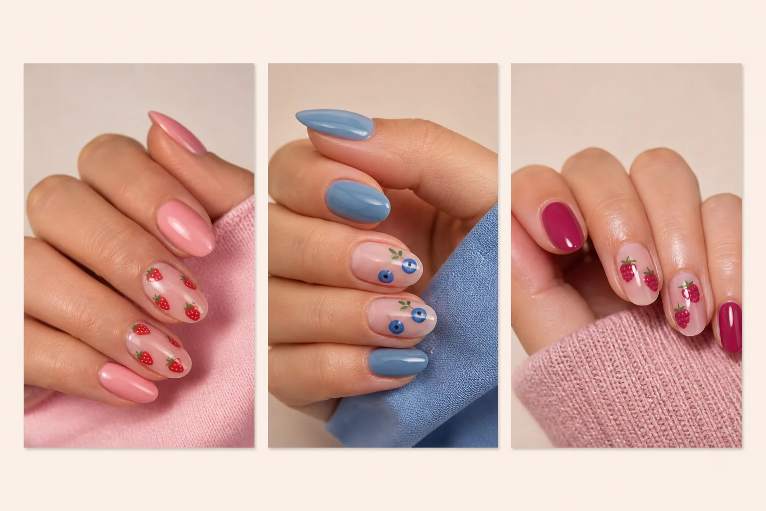 mixed berry nail ideas designs collage strawberry blueberry raspberry nail art glossy aesthetic spring manicure almond shape nails close up grid