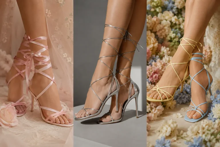 Luxury collage featuring blush pink satin lace-up heels, metallic silver strappy sandals, and pastel wraparound heels styled in elegant floral settings for feminine Spring 2026 shoe trends.