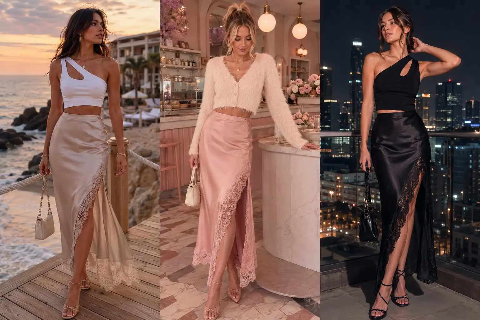 Collage featuring three stylish women wearing lace-trimmed satin lace slip skirt outfits in champagne, blush pink, and black colors with chic crop tops, fluffy cardigan, and elegant heels in luxury beach, café, and rooftop settings, modern Pinterest-inspired feminine fashion outfits.
