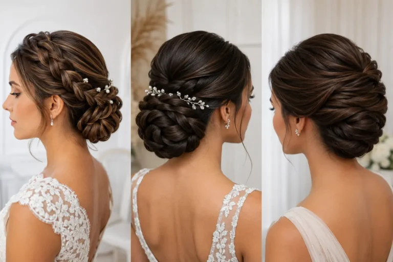 Elegant braided updo hairstyles collage featuring three polished bridal hairstyles with woven braids, sleek low buns, glossy brunette hair, and subtle pearl and crystal jewel details for weddings and formal occasions.