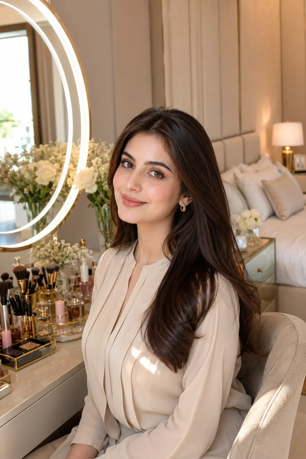 Beautiful woman wearing natural no-makeup makeup with radiant skin, softly groomed brows, light mascara, nude pink lips, and elegant beige professional clothing while sitting at a luxury vanity table in a modern bedroom. Natural office makeup inspiration featuring clean beauty, everyday work makeup, corporate style, and polished professional appearance for women.