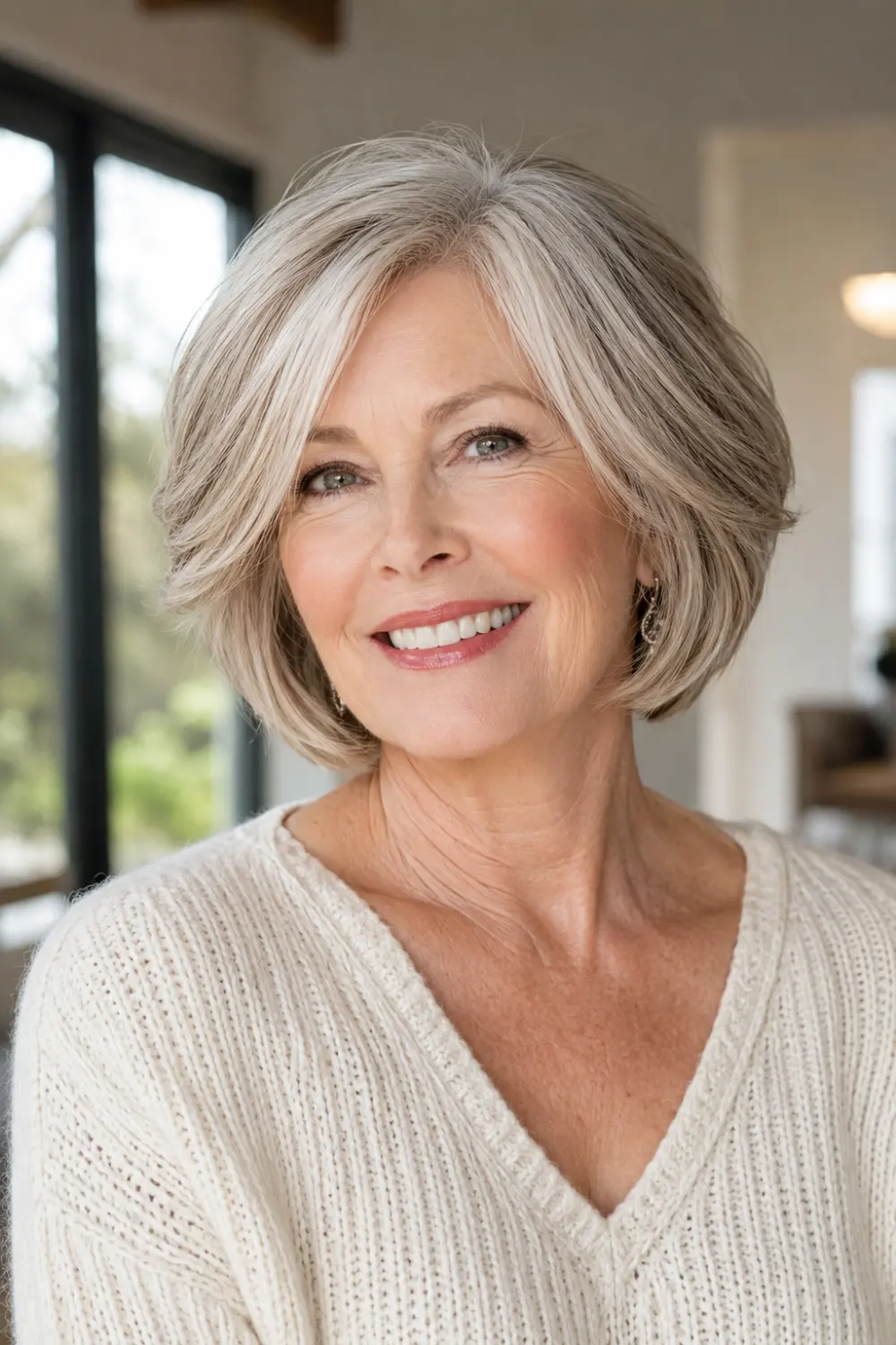 Soft layered bob hairstyle for older women featuring silver-blonde hair, a deep side part, face-framing layers, soft texture, natural movement, and added crown volume for a fuller-looking and youthful bob haircut.