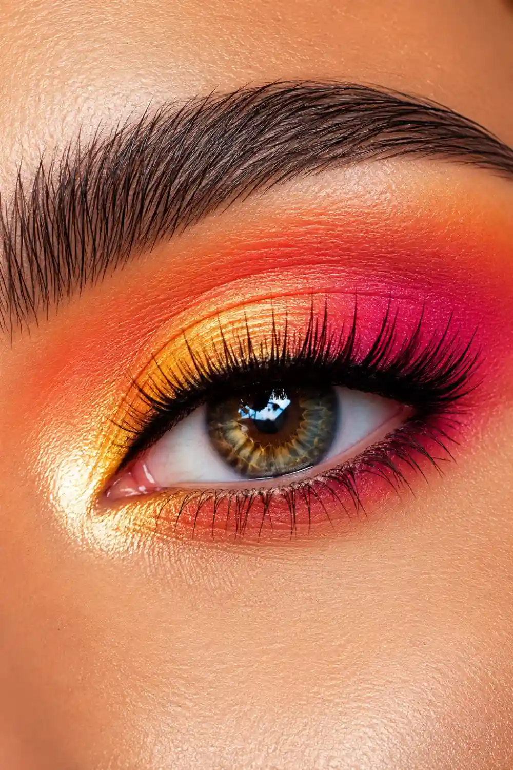 Close-up sunset gradient eye makeup featuring vibrant orange, coral, golden yellow, and hot pink eyeshadow blended seamlessly across the eyelid. Shimmering gold inner corner highlight, long dramatic lashes, perfectly groomed eyebrow, glowing skin texture, and bold colorful eye makeup inspiration for summer beauty looks.