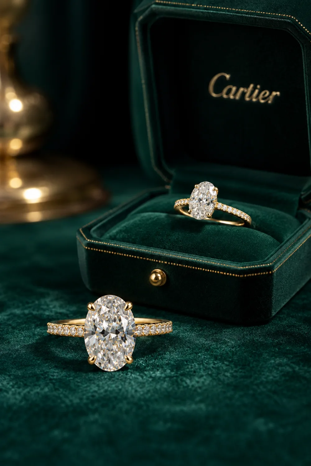 Luxury hidden halo oval engagement ring featuring a brilliant oval-cut diamond center stone, delicate pavé yellow gold band, premium emerald green velvet ring box, elegant bridal jewelry display, modern engagement ring inspiration for brides and couples.