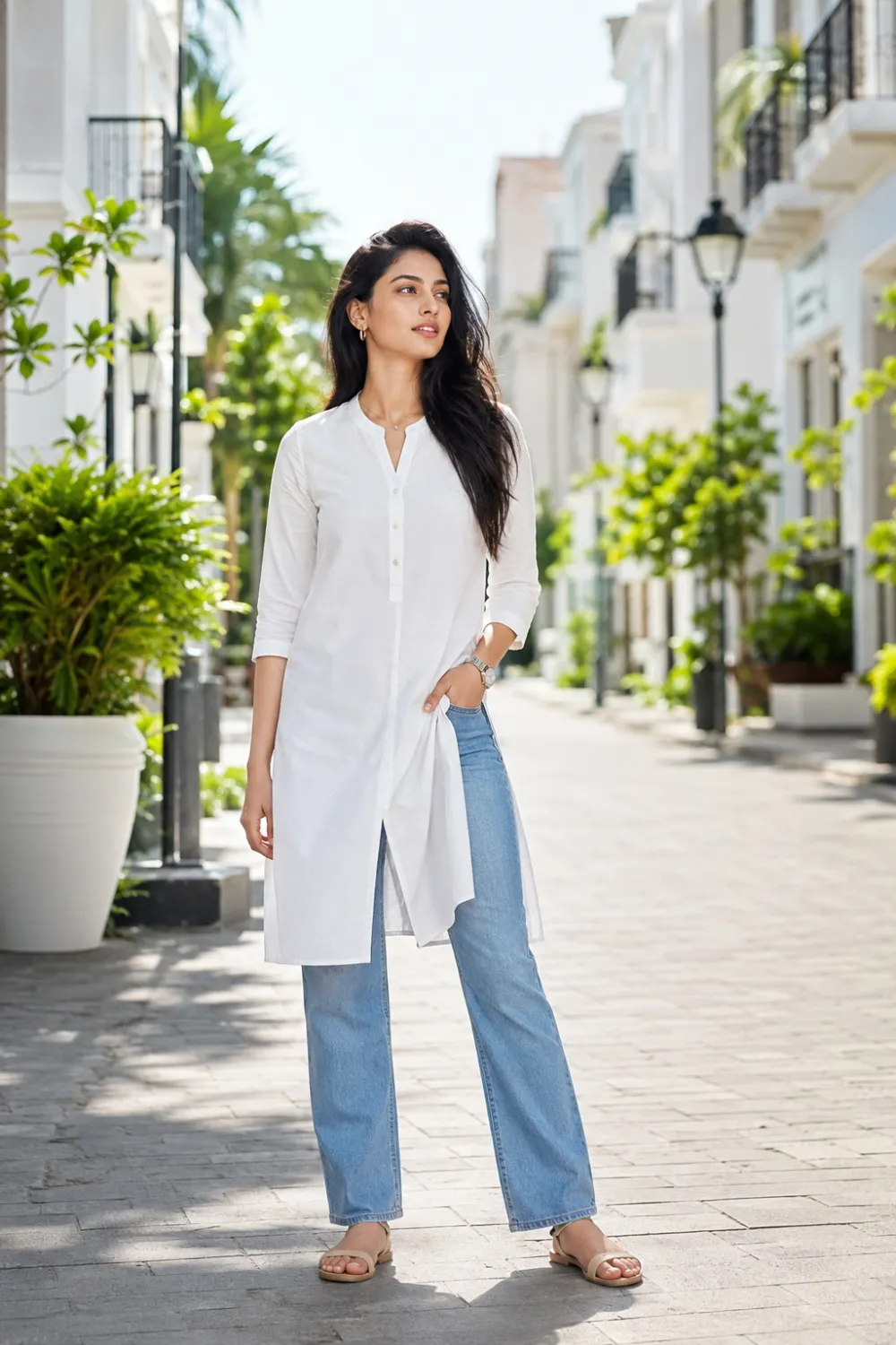 Beautiful young Indian woman wearing a white cotton kurti with light blue straight-leg jeans and nude flat sandals, standing on a bright sunlit street with elegant architecture and greenery, stylish casual summer outfit for Indian girls, comfortable everyday fashion inspiration.