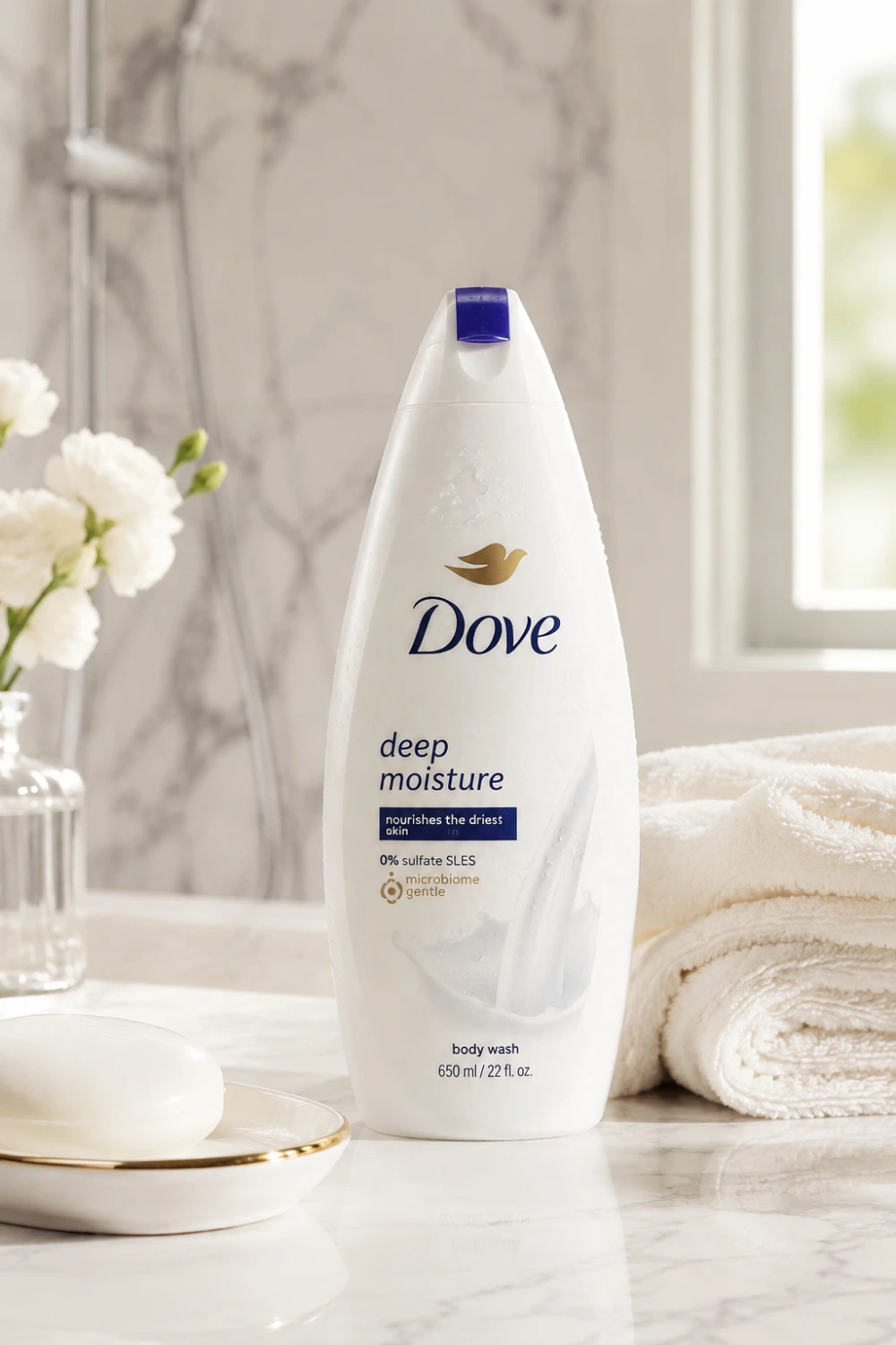 Dove Deep Moisture Body Wash bottle displayed on a luxury white marble bathroom countertop with folded white towels, soft natural lighting, elegant spa-inspired setting, hydrating body wash for girls designed to promote soft, smooth, and glowing skin.