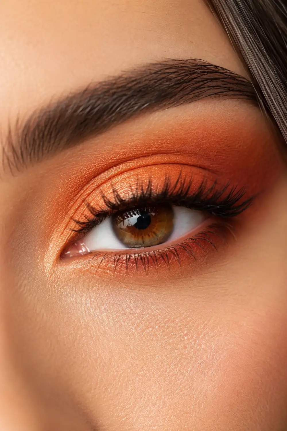 Ultra-realistic sunset orange eyeshadow makeup featuring warm peach, amber, and burnt orange shades blended seamlessly across the eyelid, long curled eyelashes, defined brows, glowing skin texture, and vibrant summer beauty aesthetic perfect for seasonal makeup inspiration.