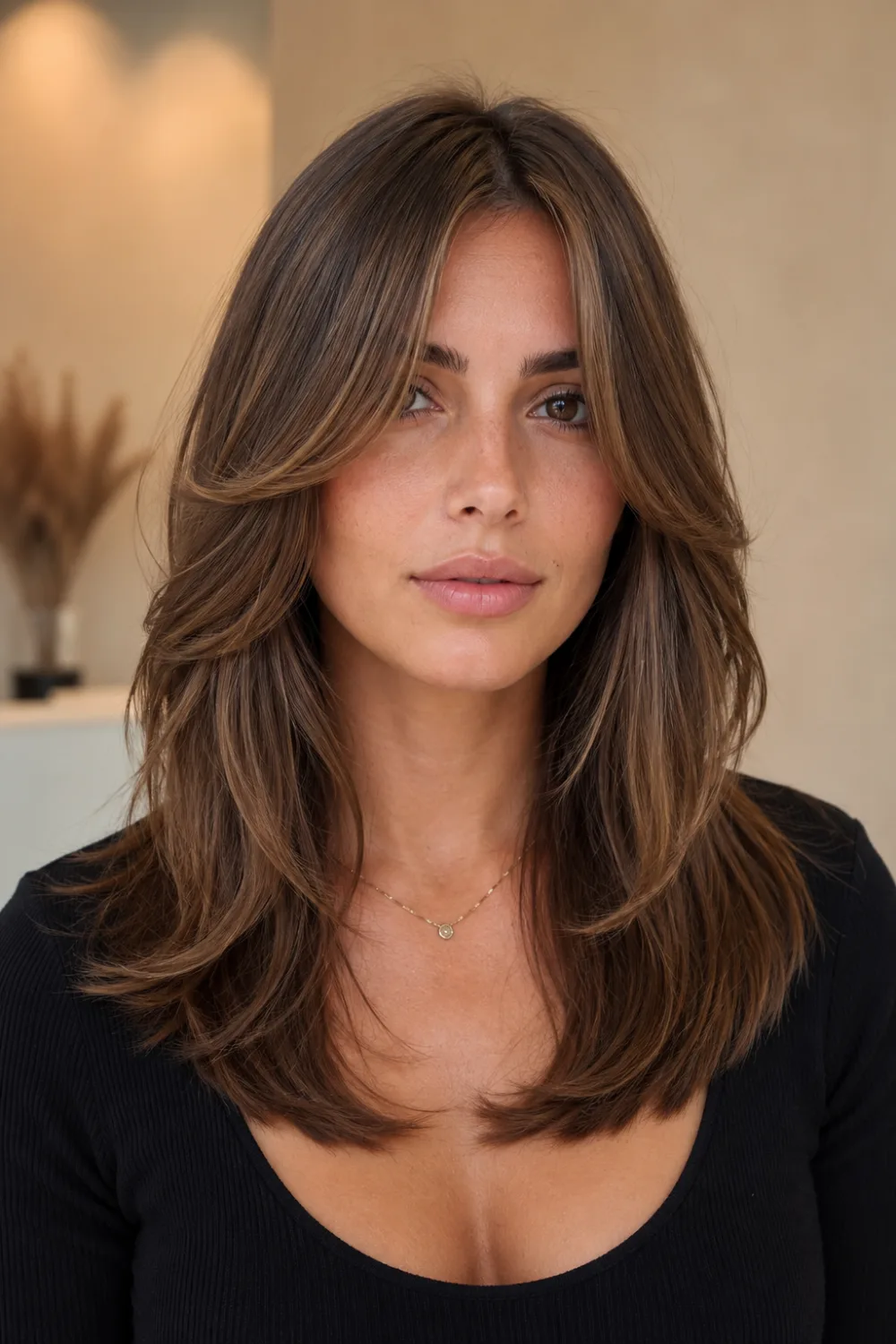 Woman with classic airy curtain fringe hairstyle featuring soft center-parted bangs and shoulder-length layered hair in a modern salon setting.