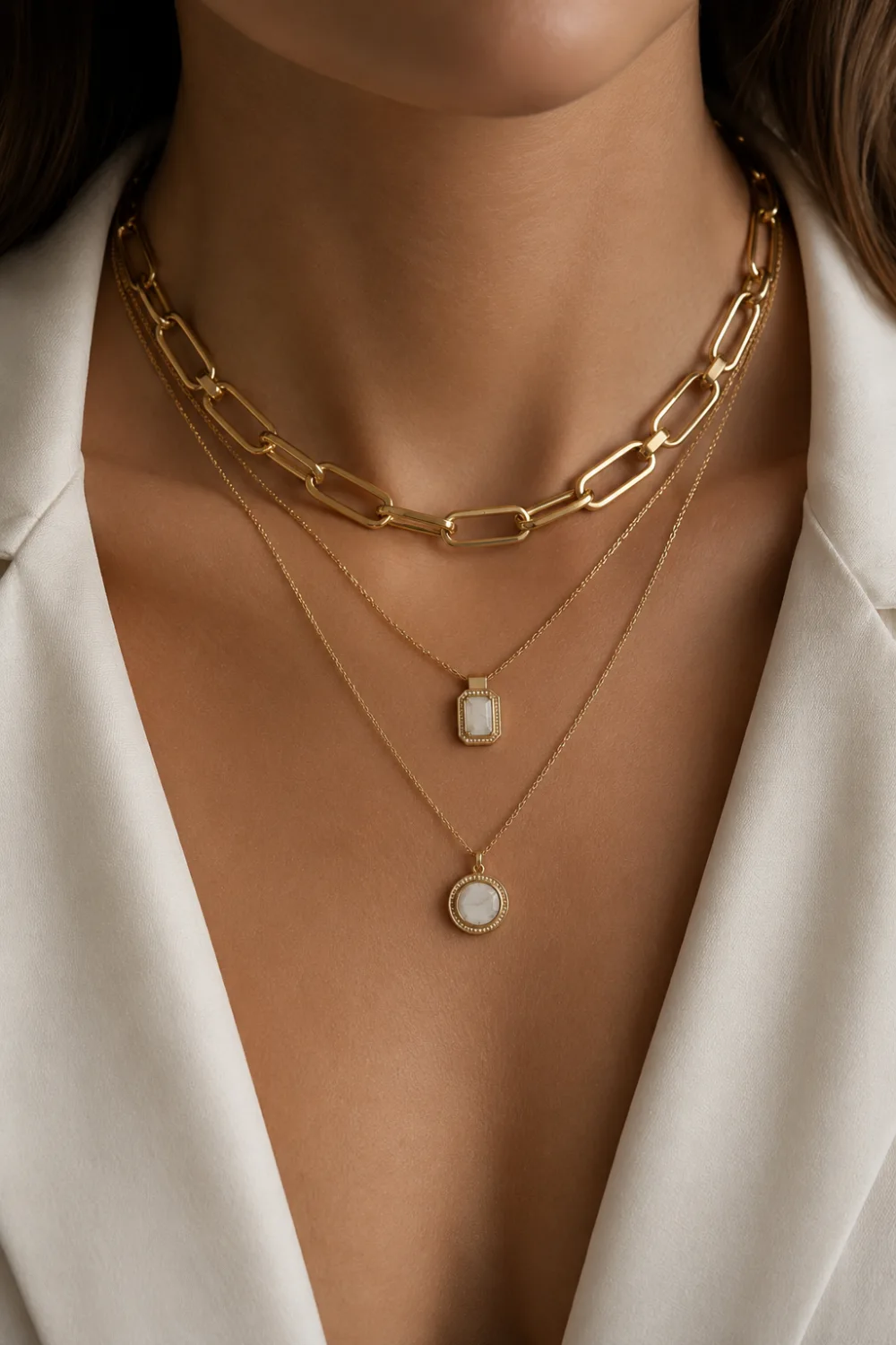 Woman wearing layered gold necklaces with a chunky chain, geometric pendant, and delicate gold layers styled with a neutral satin outfit for a modern jewelry look.