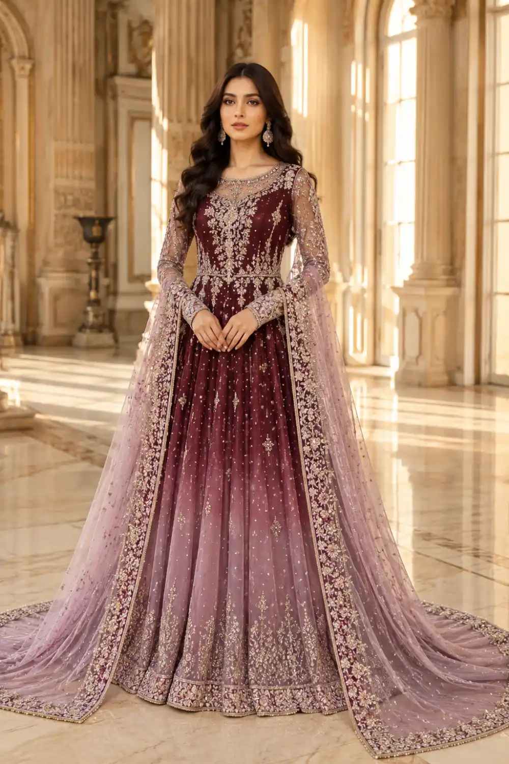 Elegant royal wine and mauve ombre Pakistani maxi dress featuring intricate gold embroidery, hand embellishments, sparkling beadwork, and a heavily embroidered net dupatta. Full-length designer formal gown styled for wedding receptions, engagement parties, festive celebrations, and luxury Pakistani fashion events with a regal palace-inspired backdrop.