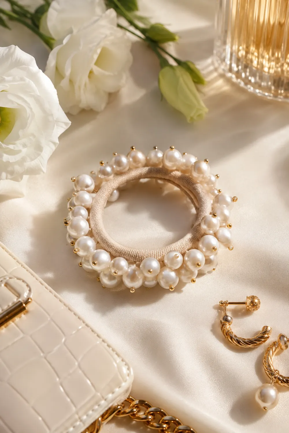 Luxury pearl embellished ponytail holder featuring lustrous white pearls and delicate gold accents arranged around a soft elastic band. Displayed on elegant champagne satin fabric with gold jewelry, designer-inspired accessories, fresh white flowers, and luxury fashion styling. Sophisticated feminine hair accessory perfect for wedding hairstyles, bridal looks, formal ponytails, and elegant everyday fashion.