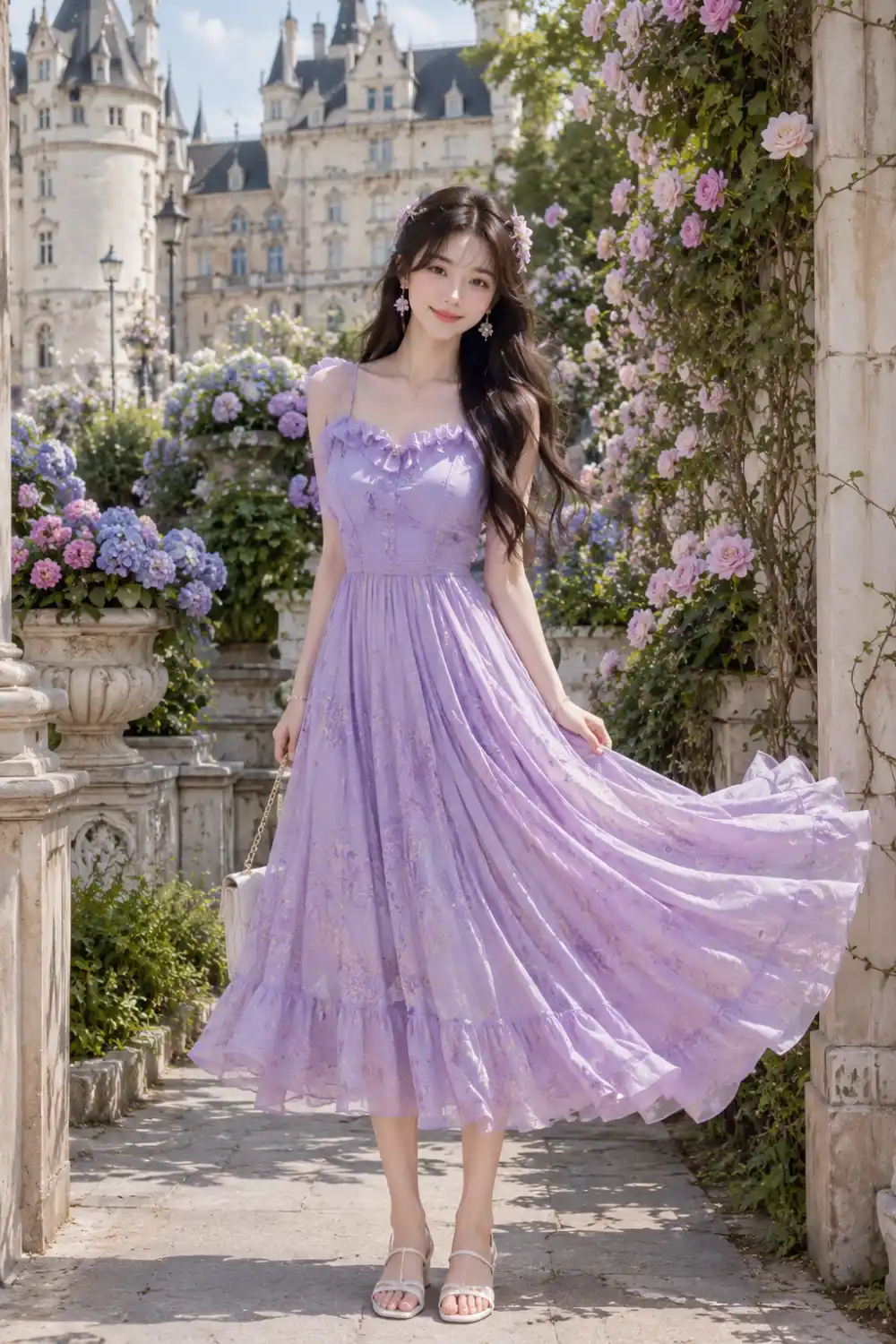Woman wearing a flowing lavender dress with floral hair accessories, delicate sandals, and a small handbag while walking through a flower-filled garden surrounded by castle-inspired architecture.