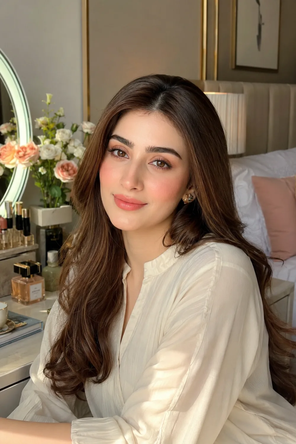 Beautiful woman wearing glass skin office makeup with luminous complexion, hydrated glow, natural eye makeup, glossy lips, and sophisticated styling while seated at a luxury vanity in a bright modern bedroom. Trending workplace beauty inspiration for professional women.