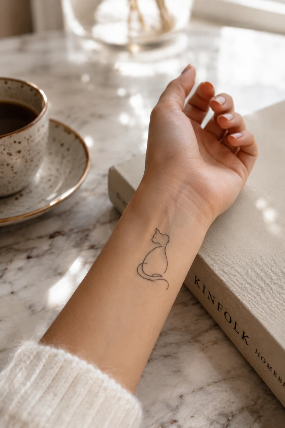 Cat silhouette tattoo on a woman's wrist featuring minimalist continuous line artwork, elegant black ink cat design, feminine tattoo inspiration, aesthetic pet lover tattoo, and fine line body art.