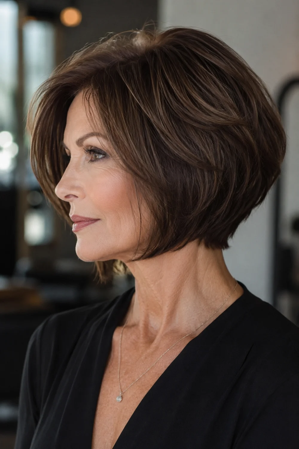 Angled layered bob haircut for older women with rich brunette hair, stacked back layers, longer front pieces, sleek shape, and added volume for a fuller bob hairstyle.