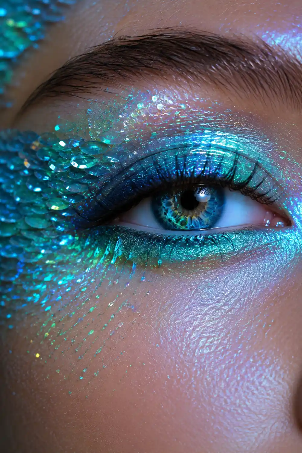 Mermaid-inspired aqua eye makeup featuring shimmering aqua blue, teal, turquoise, iridescent glitter accents, reflective ocean-inspired sparkle, dramatic lashes, glowing skin, and fantasy beauty aesthetic.