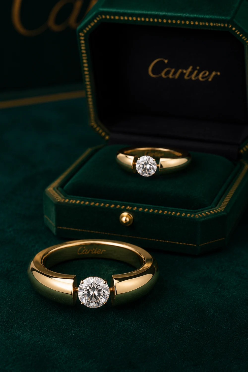 Floating solitaire engagement ring with brilliant round diamond suspended between polished gold band, luxury velvet ring box display, contemporary bridal jewelry inspiration with modern elegance.