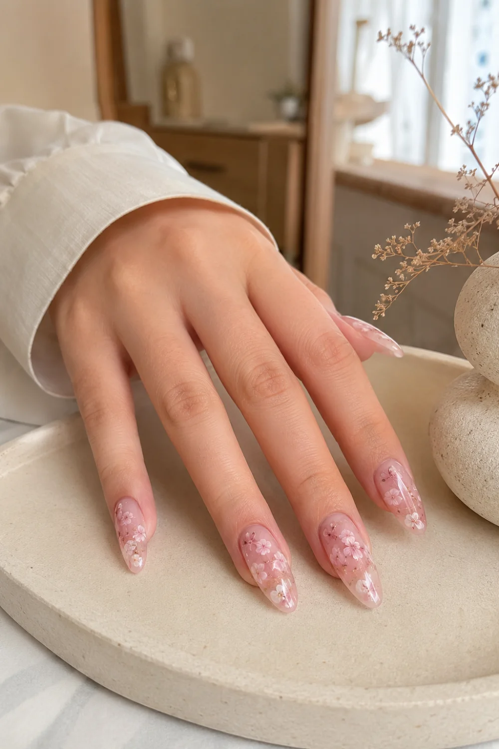 Sakura blossom jelly almond nails with delicate floral nail art, translucent pink gel polish, glossy finish, and elegant spring-inspired manicure details.