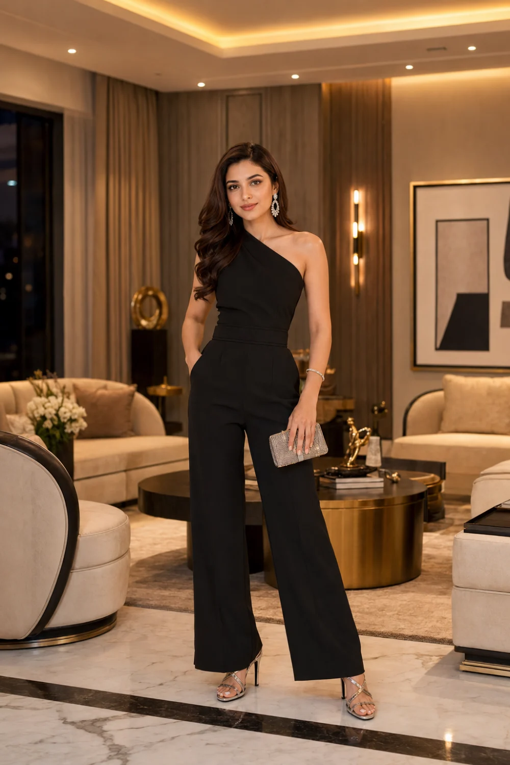 Woman wearing a black one shoulder jumpsuit with metallic heels and a sparkling clutch, standing inside a luxury modern apartment with designer décor, sophisticated evening outfit inspiration.