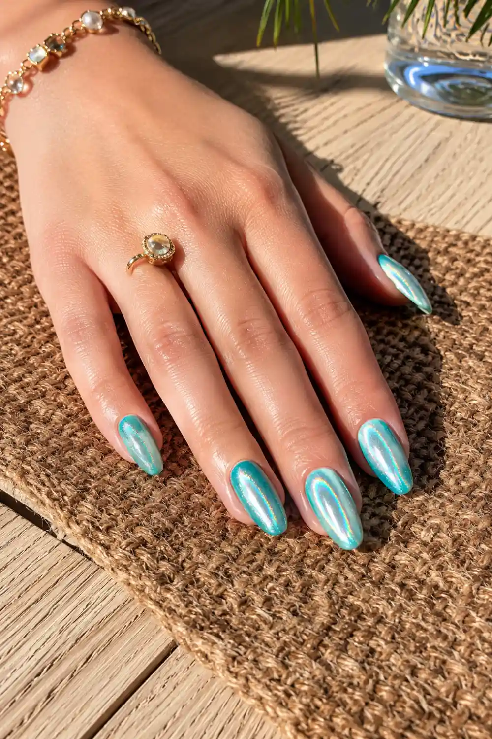 Mermaid cat eye nails with turquoise and aqua shimmer on almond-shaped nails, photographed on a feminine hand resting on a woven rug under bright summer sunlight.