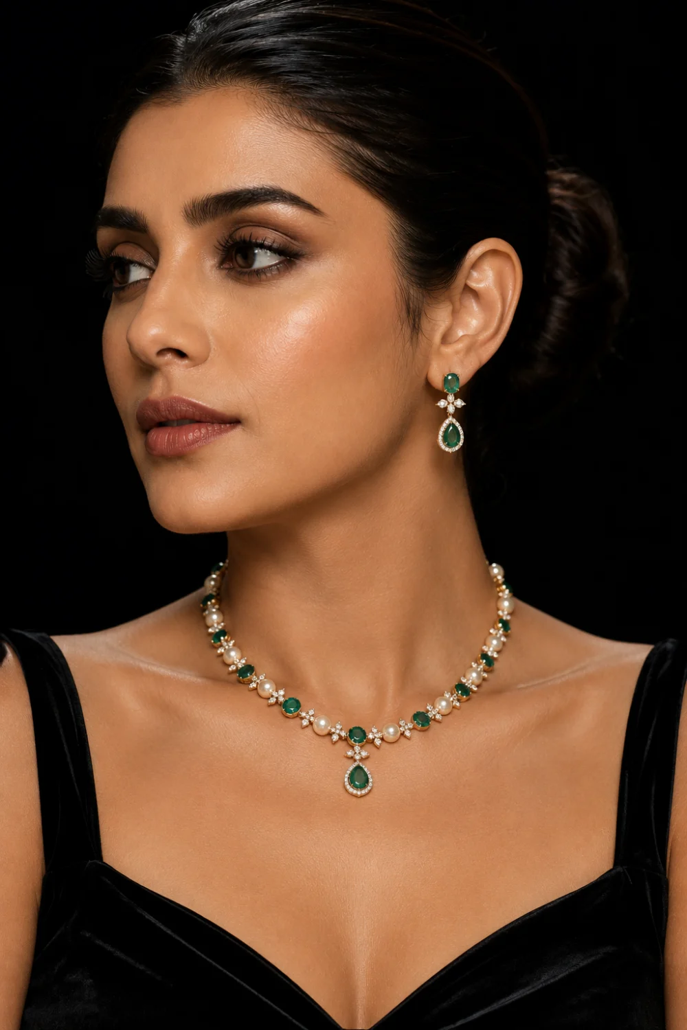 Woman wearing pearl and emerald gemstone jewelry set featuring a luxury necklace and matching earrings paired with an elegant black evening dress.
