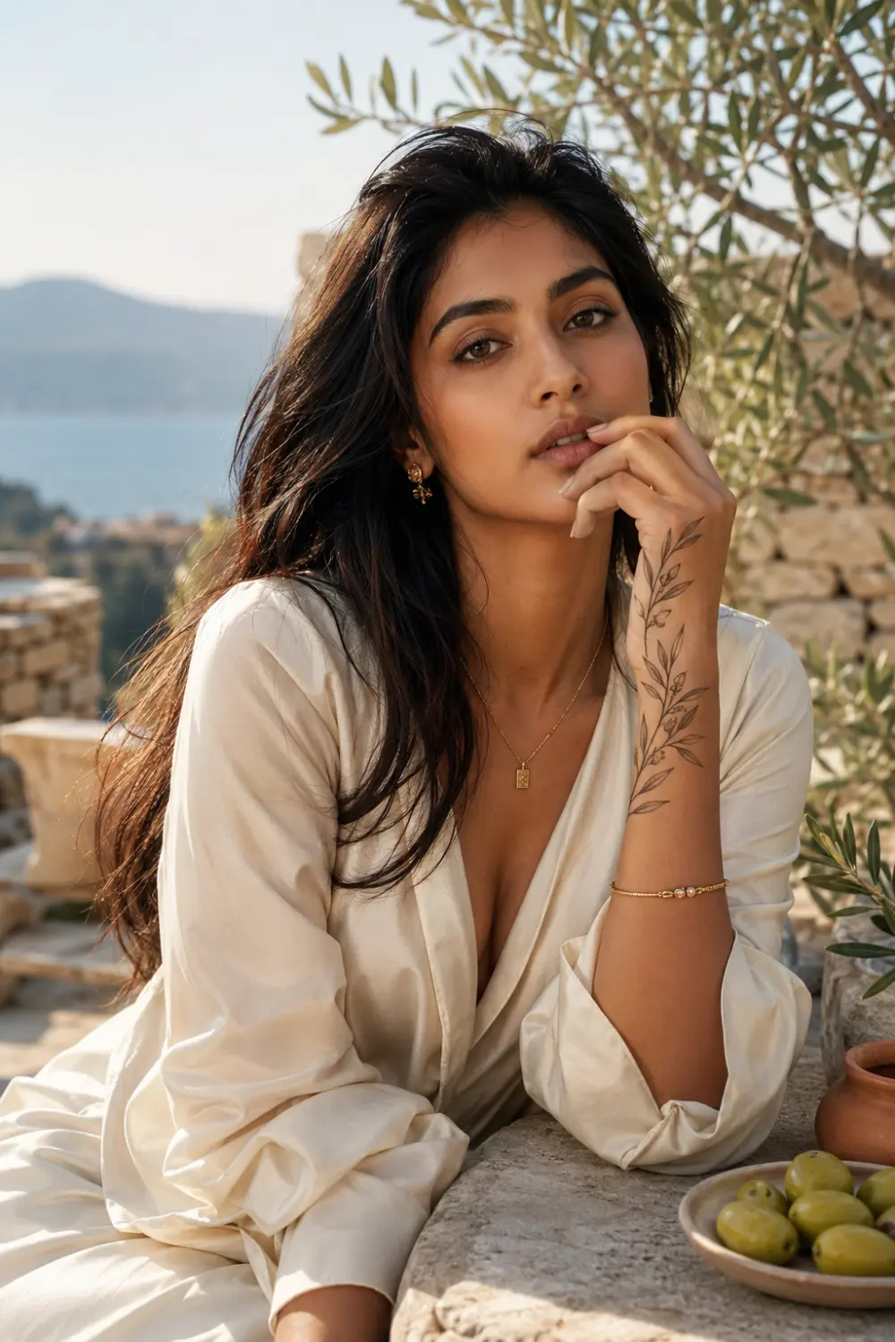 Olive branch forearm tattoo for women featuring detailed leaves, botanical linework, and elegant minimalist black ink design