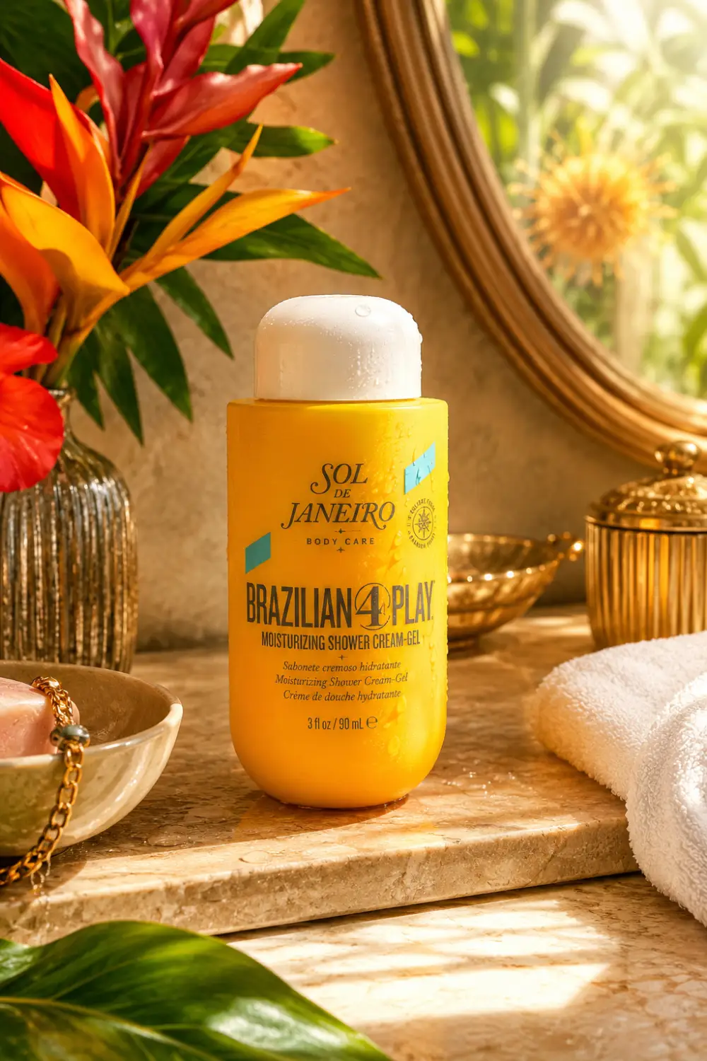 Sol de Janeiro Brazilian 4 Play Moisturizing Shower Cream-Gel bottle displayed in a tropical luxury bathroom with vibrant flowers, golden accents, and warm sunlight, showcasing a premium body wash for soft radiant skin.