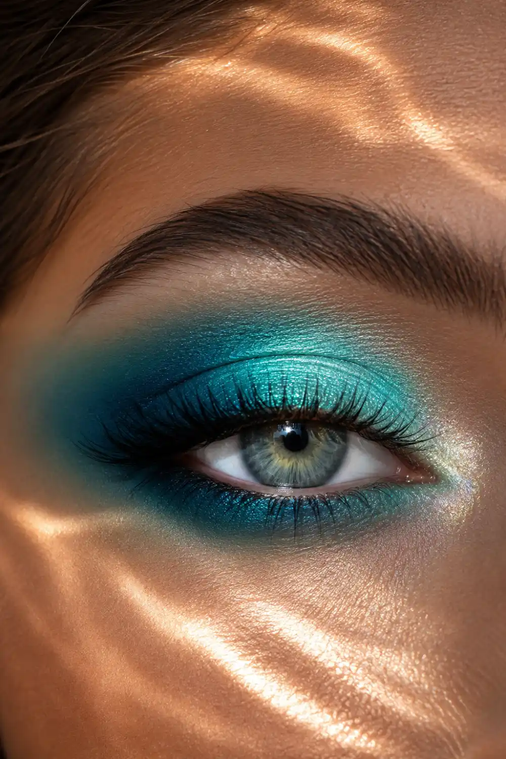 Turquoise beach-inspired eye makeup featuring aqua blue eyeshadow, shimmering ocean tones, dramatic lashes, glowing bronzed skin, and tropical summer beauty aesthetics.