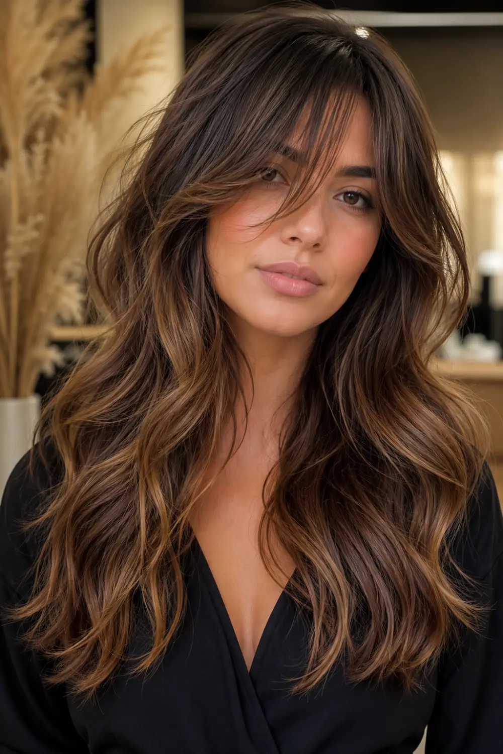 Woman with textured airy curtain fringe and beach waves featuring highlighted long layered hair.