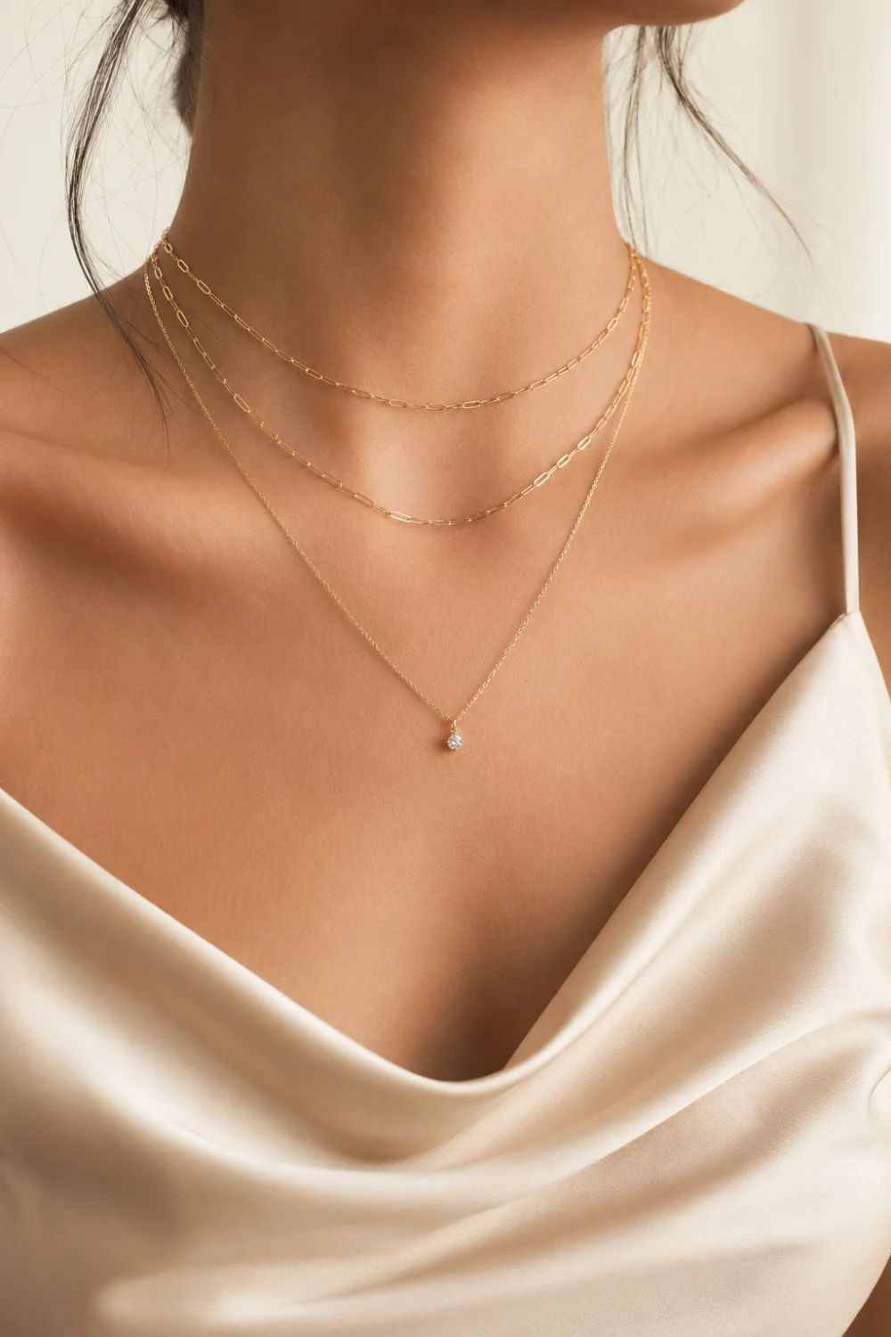 Woman wearing paperclip chain layered necklaces with delicate gold chains and a crystal pendant styled with a satin blouse.