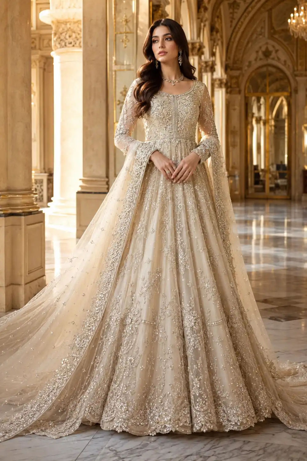 Champagne gold Pakistani princess maxi dress with luxurious embroidery, crystal accents, floral motifs, and an embellished flowing dupatta. Elegant designer formal outfit ideal for wedding receptions, engagement ceremonies, festive events, and sophisticated Pakistani fashion styling.