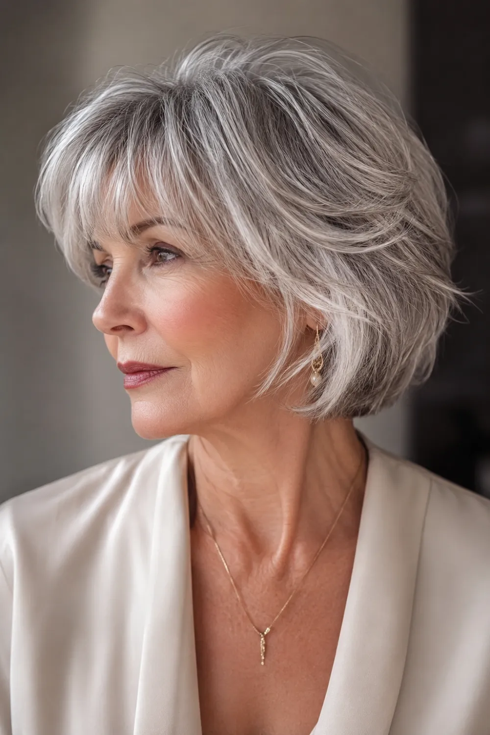 Layered silver bob with soft fringe for older women featuring feathered layers, textured volume, wispy bangs, and a youthful haircut designed to add fullness and movement.