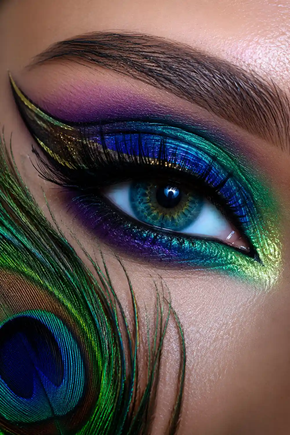 Peacock feather eye makeup featuring emerald green, royal blue, turquoise, and deep purple eyeshadow with metallic shimmer accents, dramatic winged liner, luxurious lashes, and glamorous beauty styling.