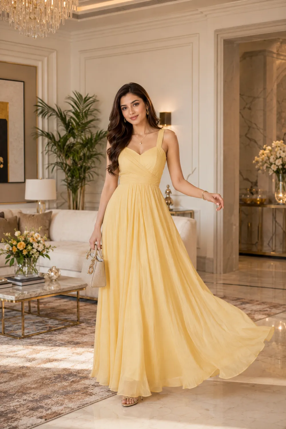 Woman wearing a flowing butter yellow maxi dress with gold accessories and heels, posing in a luxurious living room with marble accents and warm lighting, trending summer date night outfit idea.