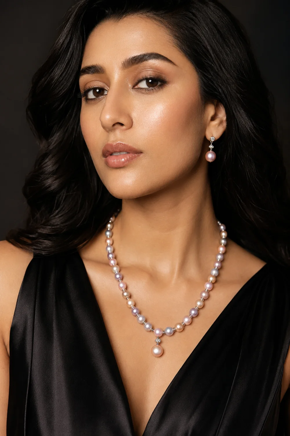 Elegant woman wearing colored pearl jewelry featuring blush pink, lavender, and champagne pearls styled with a luxury black satin outfit.