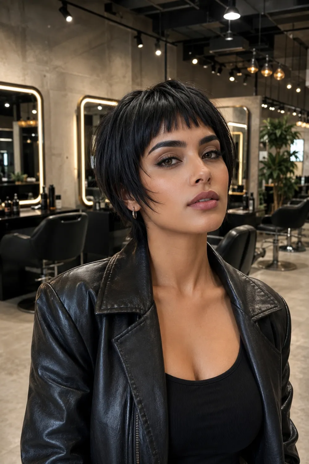 Woman with a Micro Fringe Bixie haircut featuring a short textured fringe, edgy black hair, cropped layers, and bold styling in a modern salon, showcasing a fashion forward Summer 2026 haircut trend.
