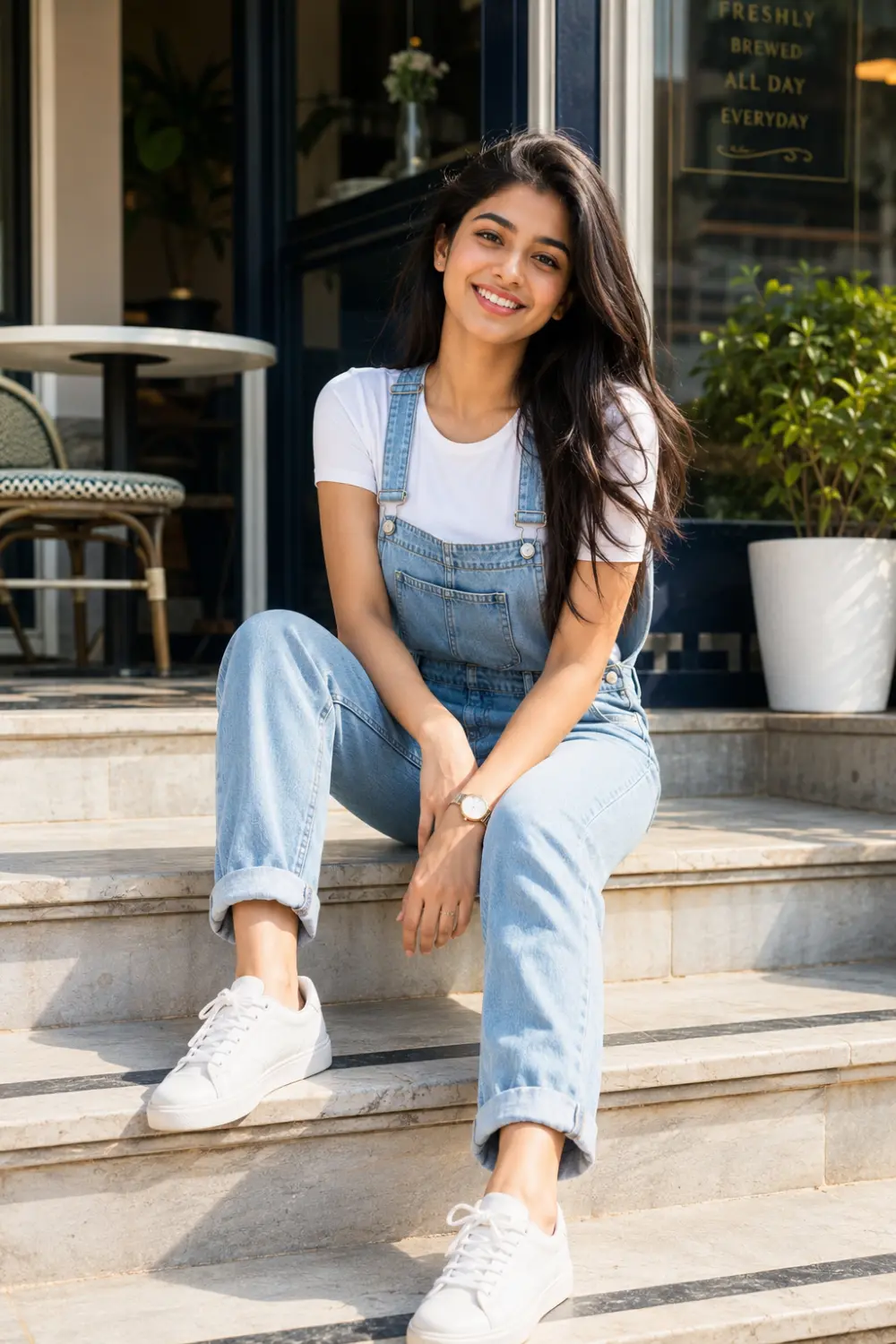 Smiling young Indian woman wearing light blue denim dungarees layered over a basic white t-shirt with white sneakers, sitting outside a stylish café, youthful casual summer outfit inspiration.