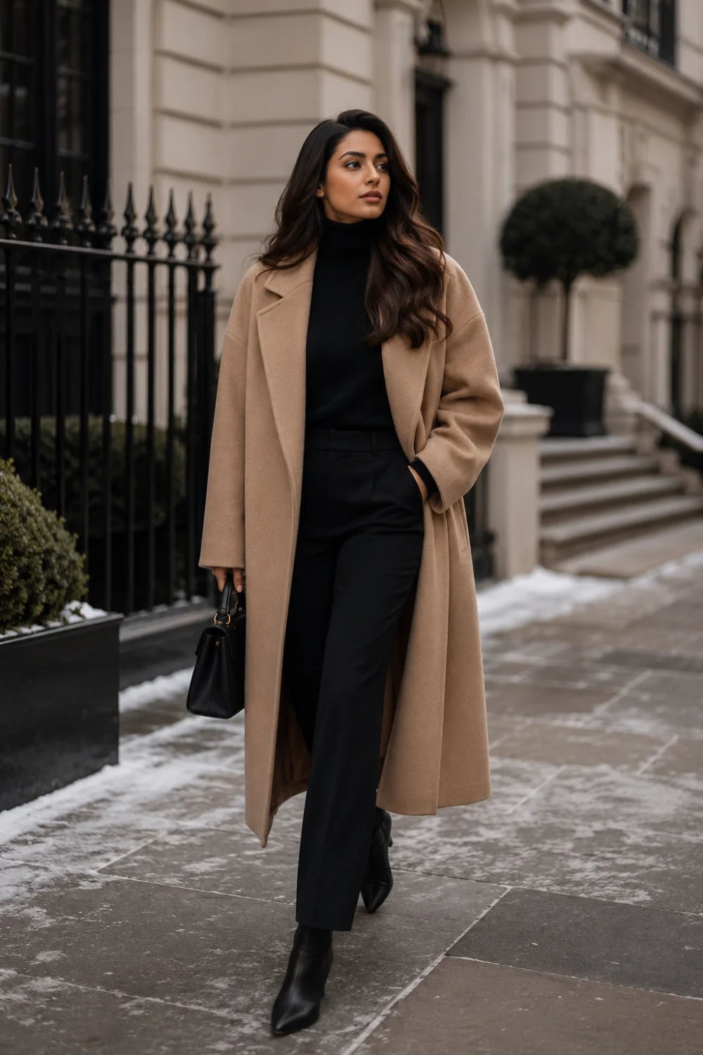 Stylish woman wearing an oversized camel coat over a black turtleneck and tailored black trousers with ankle boots. Luxury oversized winter outfit featuring classic outerwear and timeless neutral fashion styling.