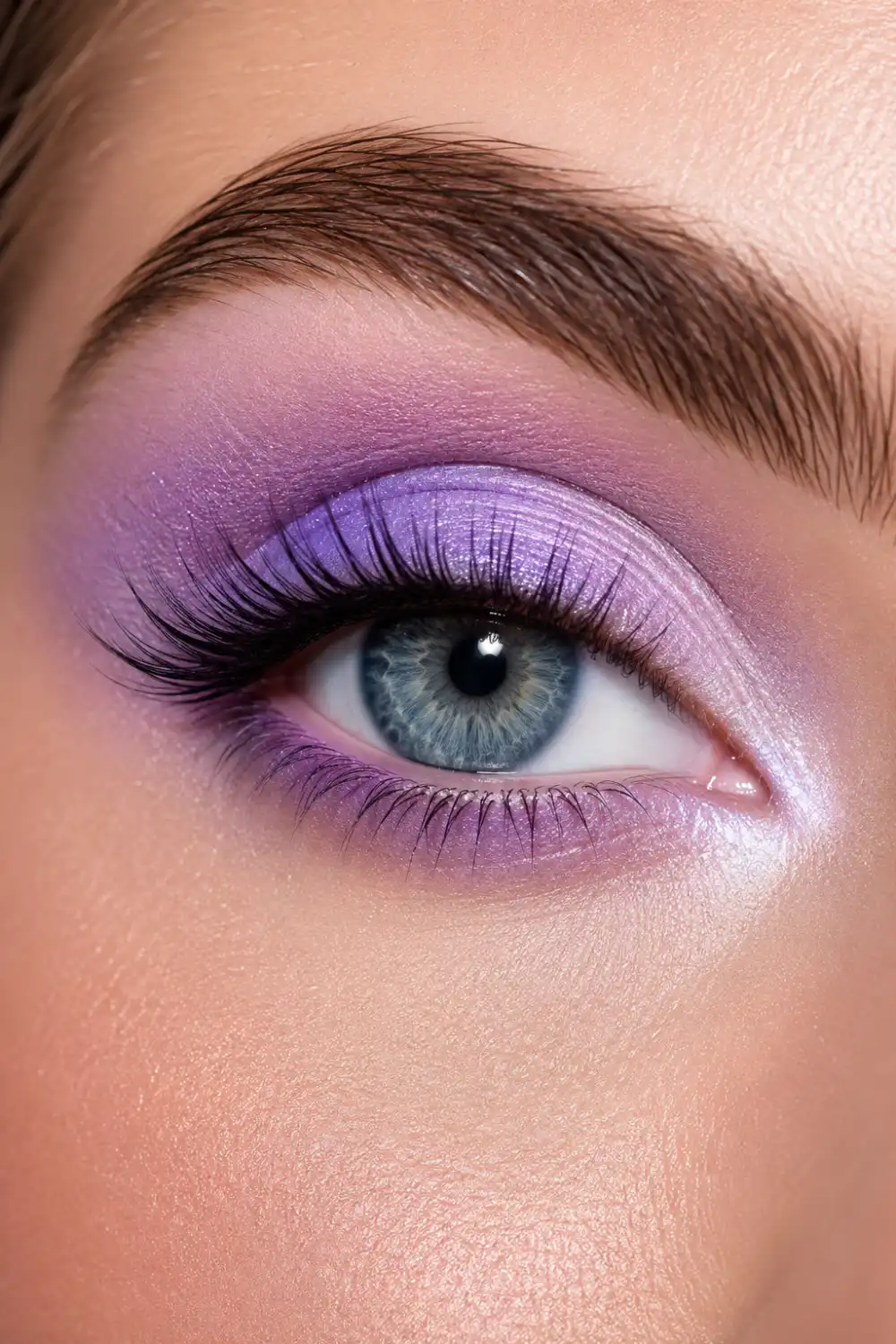 Soft lavender eye makeup featuring pastel purple shimmer eyeshadow, long lashes, glowing skin, romantic beauty styling, and elegant seasonal makeup inspiration.