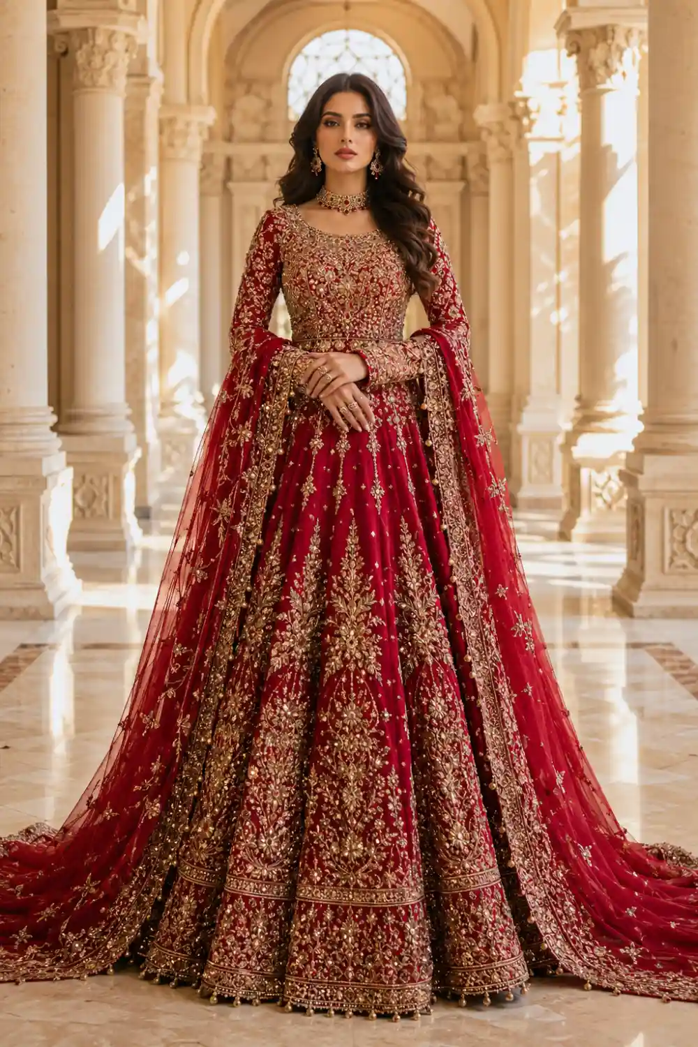 Ruby red Pakistani couture maxi dress featuring heavy gold embroidery, sparkling embellishments, ornate floral detailing, and a luxurious embellished dupatta. Regal designer formal outfit perfect for wedding receptions, festive celebrations, engagement ceremonies, and premium Pakistani fashion.