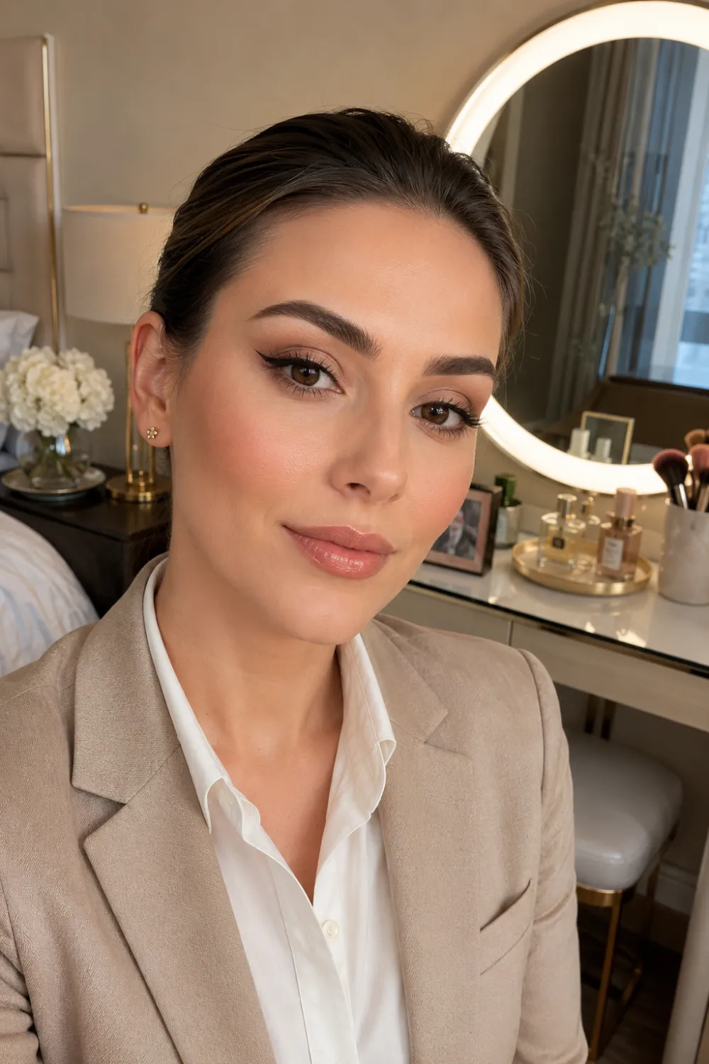 Professional woman wearing elegant matte makeup with flawless complexion, softly defined eyes, nude lips, and tailored business blazer while sitting at a stylish vanity table in a luxury bedroom. Sophisticated corporate makeup inspiration for executive women.