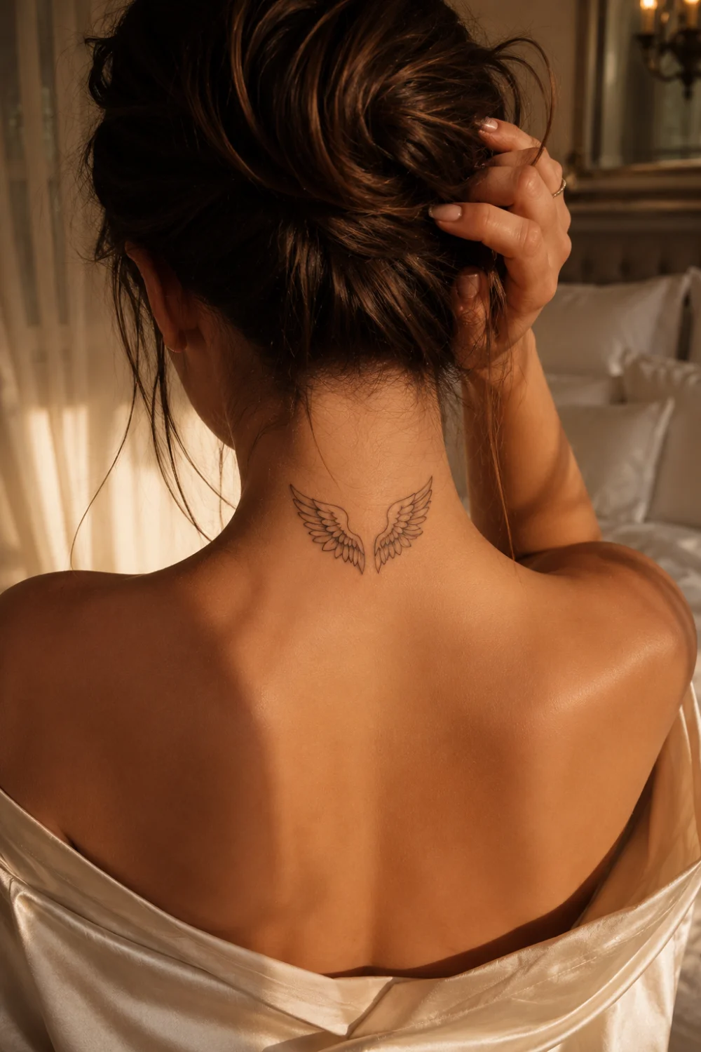 Angel wings tattoo on the back of a woman's neck featuring detailed fine line feather artwork, feminine spiritual tattoo inspiration, elegant black ink wings, symbolic body art, and aesthetic tattoo placement.